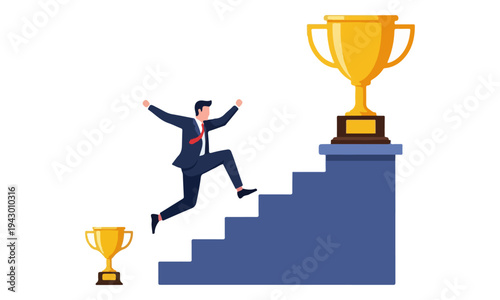 Businessman Running Up Stairs To Reach Giant Golden Trophy