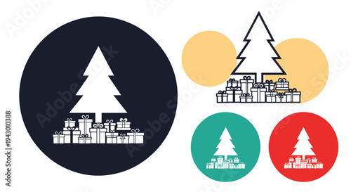 White Christmas tree icon with a pile of gift boxes shown in a dark circle with several colorful variations arranged next to it.