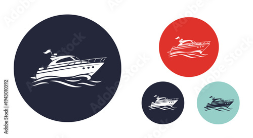 Modern motor yacht silhouette on water shown inside a large dark circle with smaller versions in red, dark blue, and teal variations.