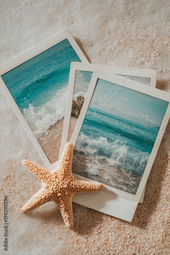 Beach Memories with Instant Photos and Starfish, AI generative