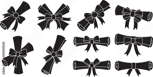 Various Black Ribbons and Bows on White Background Illustration