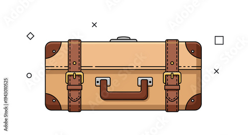 Vintage style suitcase illustration in tan and brown tones with leather straps and buckles on a background with simple geometric shapes.
