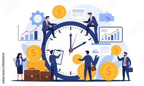 Business Professionals Managing Time and Finance with Large Clock