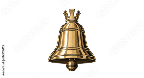 Detailed golden bell with a polished metallic sheen and bright reflections shown in a classic shape against a plain white background.