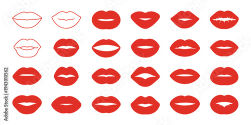 Set of red lips icons with different shapes and expressions on white background