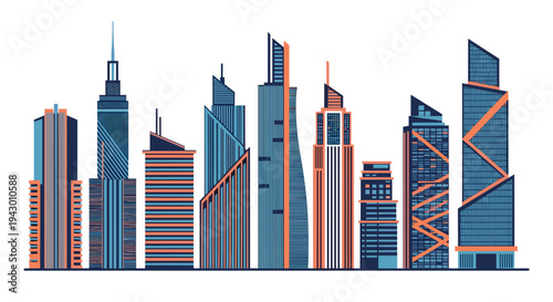 Panoramic illustration of a modern metropolitan city skyline with various tall skyscrapers in shades of dark blue and orange colors.
