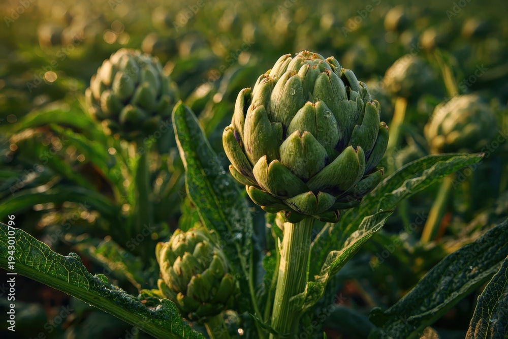Obraz premium Artichoke plants with ripe purplish flower heads growing in the agricultural field ready to harvest. Close-up farm with artichoke plants. Natural growth and organic farming practices. Golden sunlight