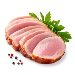 Sliced duck breast with parsley and peppercorns on white background