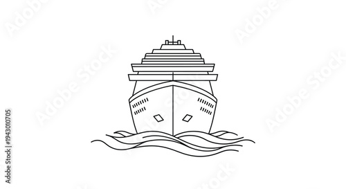 Minimalist black and white line drawing of a large cruise ship sailing through ocean waves, showing a head-on perspective of the luxury vessel.