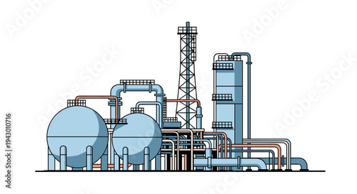 Comprehensive illustration showing the intricate layout of a petrochemical refinery with storage spheres, distillation towers, and extensive piping.