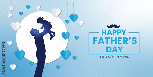 Happy father day banner with silhouette of dad lifting child up high against white moon background decorated with blue and white hearts