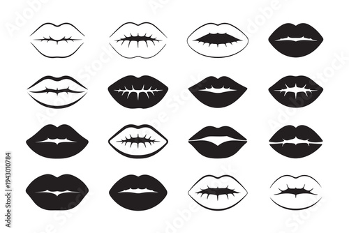 Monochrome lip icons, black outlines and solid fills, varied expressions