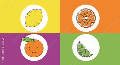 Grid of four citrus fruit illustrations including a lemon, orange slice, happy orange, and lime wedge on vibrant yellow, orange, purple, and green.