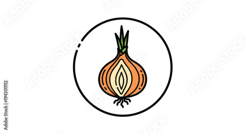 Simple line art icon of a sliced onion showing its internal layers and roots, enclosed in a circular border on a white background.
