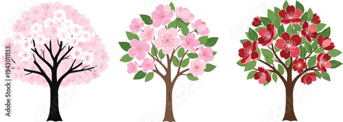 Beautiful collection of flowering cherry blossom trees featuring delicate pink sakura blooms and vibrant red spring flowers on branches with green leaves for nature design.