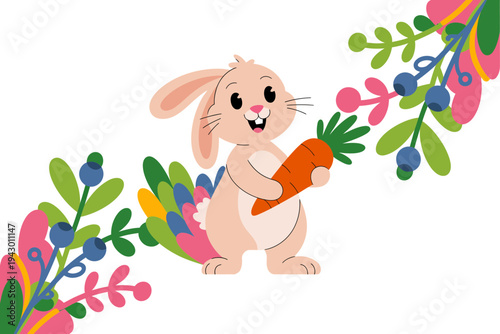 A cute bunny holding a carrot in a colorful floral illustration
