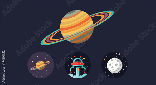 Set of circular space icons featuring a large ringed Saturn planet, a flying saucer UFO, and a cratered moon against a dark cosmic background.