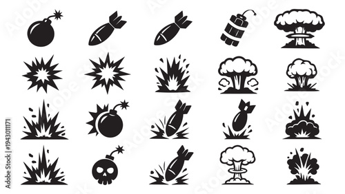 Solid black bomb and explosion icons set with missiles, dynamite, and atomic mushroom clouds
