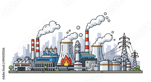 Industrial Factory with Smokestacks Emitting Smoke.