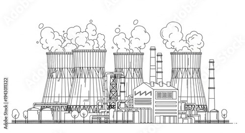 Industrial Factory with Smokestacks Emitting Smoke.