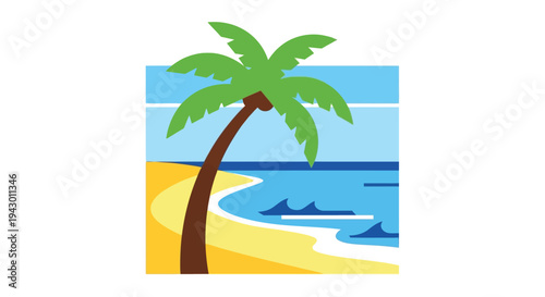 Palm tree on sandy beach in colorful vibrant illustration for travel brochure
