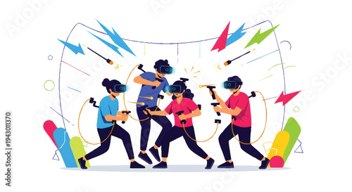 Four people playing electric guitars in colorful illustration