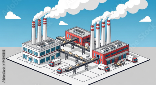 Industrial Factory with Smokestacks Emitting Smoke.