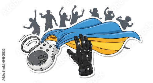 Ukraine flag superhero cape gaming controller people silhouettes