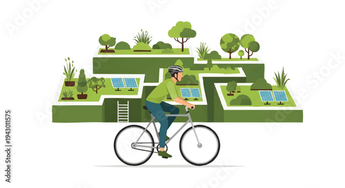Man Riding Bicycle in Front of Green Sustainable Landscape with Solar Panels