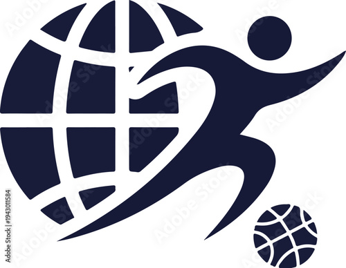 Vibrant emblem of a running figure in front of a global sphere, embodying international sportsmanship, unity, and dynamic athletic pursuit worldwide