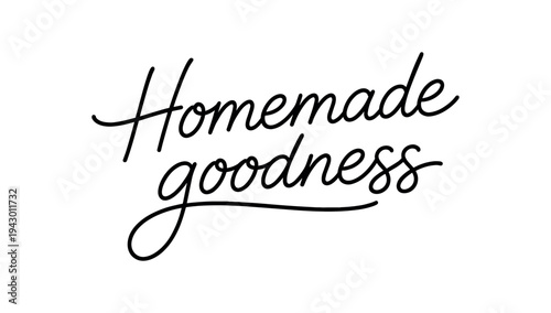 Two-line black cursive "homemade goodness" text with underline flourish on white background, warm hand-lettered style for food packaging and artisan goods.