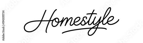 Black flowing "homestyle" script on white background with underline flourish, classic hand-lettered logo ideal for home décor, kitchen goods, and packaging.