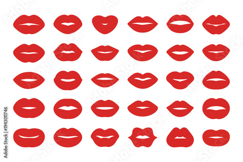 Collection of red lips icons expressing different emotions and shapes kissing forming heart and mouth variations beauty