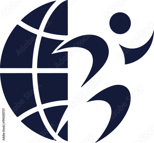 Dynamic icon of a person in active motion combined with a global network symbol, representing international sport, health, and worldwide community initiatives