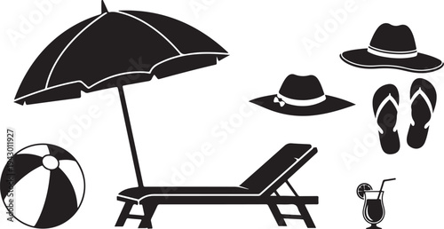 Black beach icons on white background summer vacation symbols