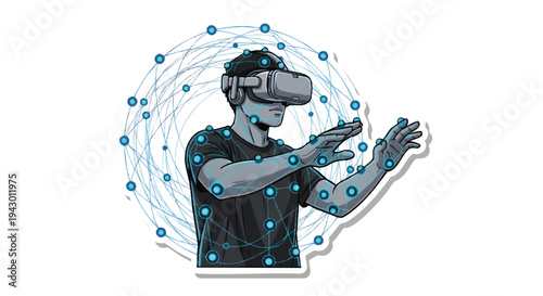 Man wearing VR headset with blue particles and lines around him