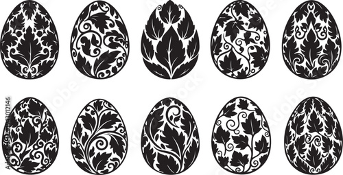 Easter eggs with intricate black and white designs pattern