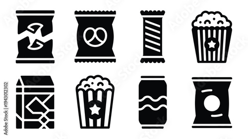 Black Solid Icons Representing Junk Food Items, Potato Chips, Pretzels, Chocolate Bars, Popcorn, Soft Drinks, Fast Food Vector Illustration.