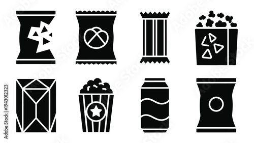 Black Solid Icons Representing Junk Food Items, Potato Chips, Pretzels, Chocolate Bars, Popcorn, Soft Drinks, Fast Food Vector Illustration.