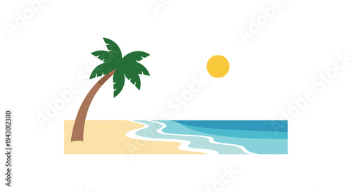 Minimalist palm tree on sandy beach with sunny sky in simple illustration for travel brochure