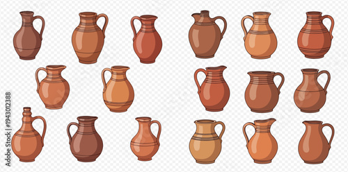 Set of various traditional clay jugs, pitchers, and pots in different shapes and sizes, isolated on a transparent background.