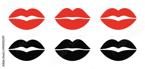 Minimalist red and black lips silhouettes vector collection for fashion branding and cosmetic product labeling