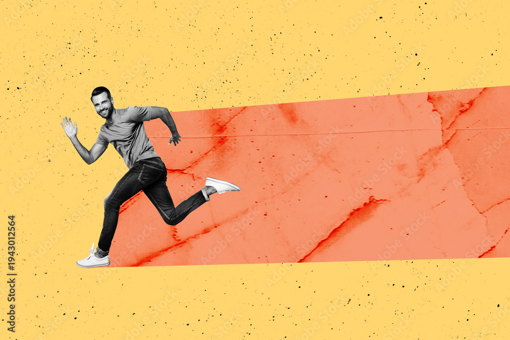 Fototapeta premium Sketch image trend artwork montage photo collage of warmup sport dynamic hobby motivation training fit healthcare young guy run hurry fast