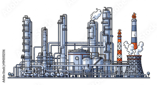 Industrial Factory with Smokestacks and Piping.