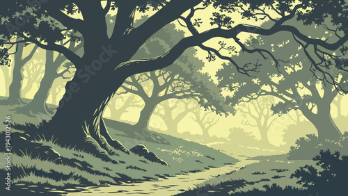 Atmospheric Misty Forest Landscape with Oak Trees and Winding Path Vector Illustration