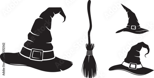 Black Silhouette Witch Hats and Broomstick on White Background