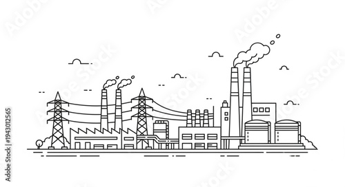 Industrial Factory with Smokestacks and Pollution.