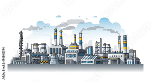 Industrial Factory with Smokestacks and Pollution.