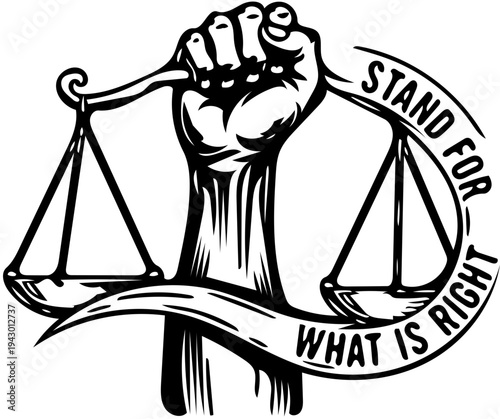 Powerful graphic illustration of a determined raised fist holding classic scales of justice, symbolizing advocacy for human rights, equality, and fairness