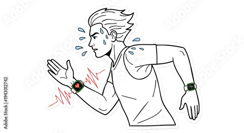 Sweaty man jogging with fitness tracker and smartwatch on wrist